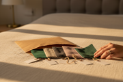 ree Belsogno fabric swatch pack opened on a bed, with velvet, bouclé, chenille and linen samples in warm evening lamplight