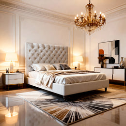 Luxurious bedroom with a tufted headboard, chandelier, and decorative rug.