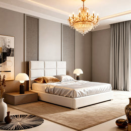 Modern Quantum bedroom with a chandelier, bed, and decorative elements.