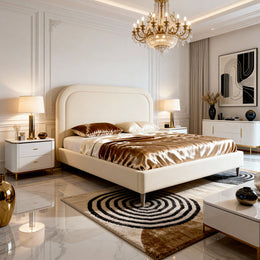 Luxurious bedroom with a large bed, chandelier, and decorative elements.