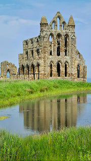 Ruins of a Gothic cathedral reflected in a calm pond with green grass.