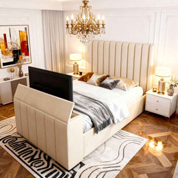 Luxurious bedroom with a large bed, chandelier, and decorative elements.
