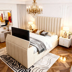 Luxurious bedroom with a large bed, chandelier, and decorative elements.