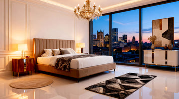 Luxurious bedroom with Uk city skyline view