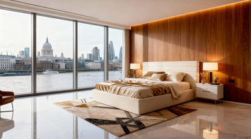 Modern Belsogno bedroom with London cityscape view through large windows