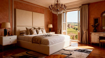 Luxurious Belsogno bedroom with a large bed, chandelier, and balcony view over the Marche