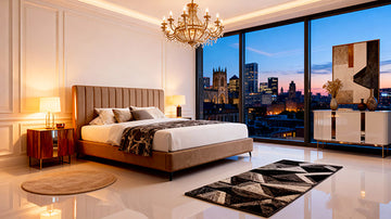 Luxurious Belsogno Beds bedroom with a Uk cityscape view, featuring a large bed, chandelier, and nightstands.