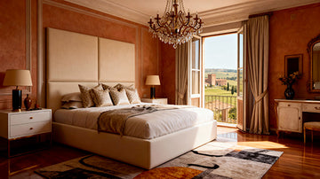 Luxurious bedroom with a large Belsogno Beds bed, chandelier, and balcony view.
