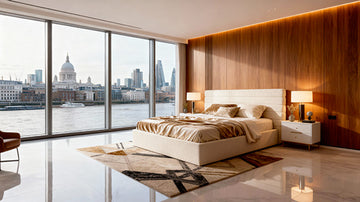 Modern Belsogno Beds bed in a bedroom with large windows overlooking London cityscape
